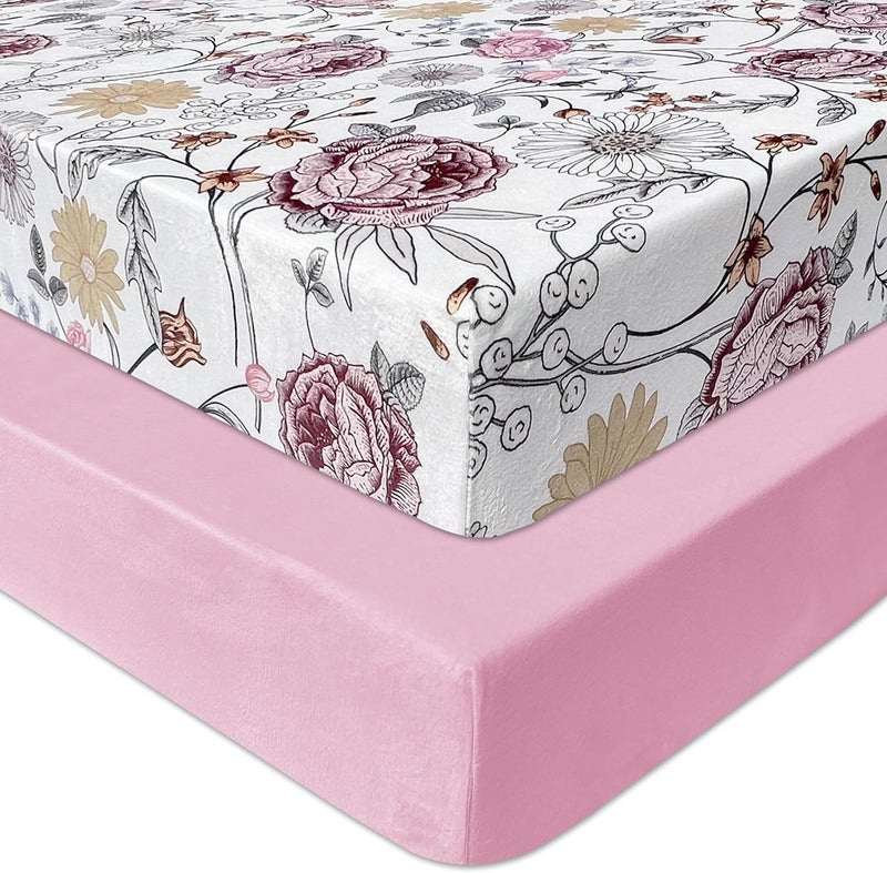 AMROSE 2 Pack Microfleece Crib Sheets, 28'' X 52'' Flannel Fleece Crib Fitted Sheets for Crib and Toddler Mattress Pad, Soft Comfy Warm Crib Sheets for Girls, Floral - Image 1